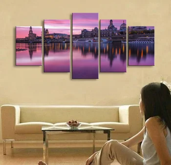 

Pictures HD Prints Wall Art Canvas Photo Frame 5 Pieces Castle Tower Poster Sunset Glow Ship Seascape Painting Living Room Decor