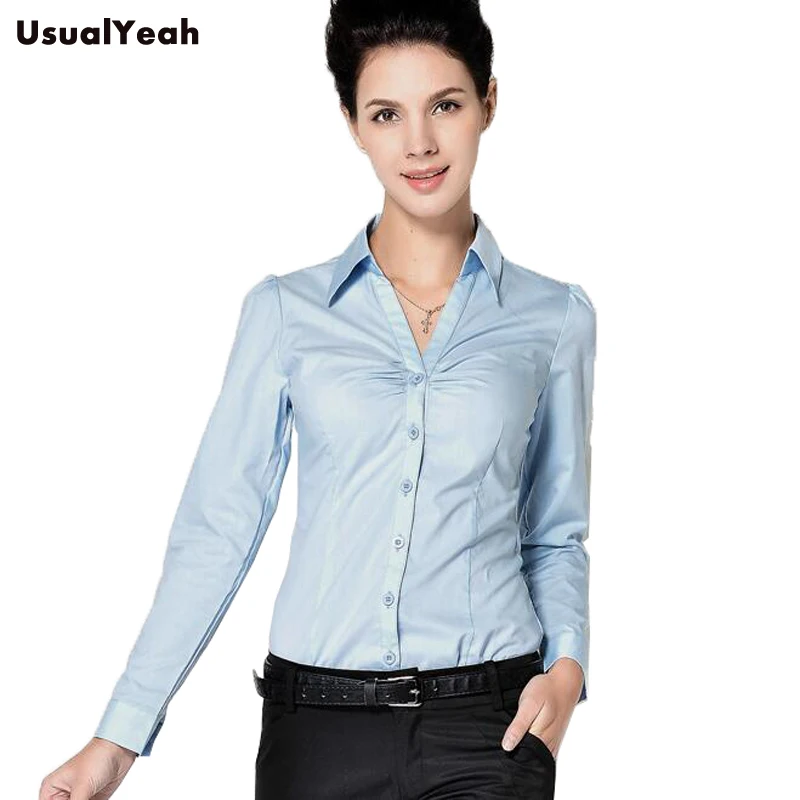 

New2018 Ladies Long Sleeve Body Shirt Women Slim Fit Turn-down Collar Formal V neck White Blue Blouse For Work Wear SY0253 S-XXL