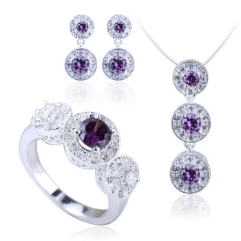 

925 Sterling Silver Jewelry Set Pendant Necklace Earrings Ring Purple Cubic Zirconia Bijoux Femme SET001