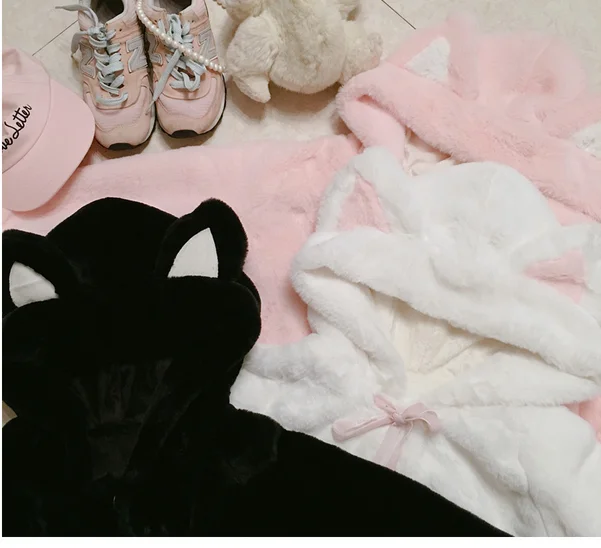 Очень милое женское пушистое пальто с капюшоном с кошачьими ушками из искусственного меха, зимняя верхняя одежда с длинным рукавом в стиле Лолиты Nekomimi, куртка белого, розового и черного цвета