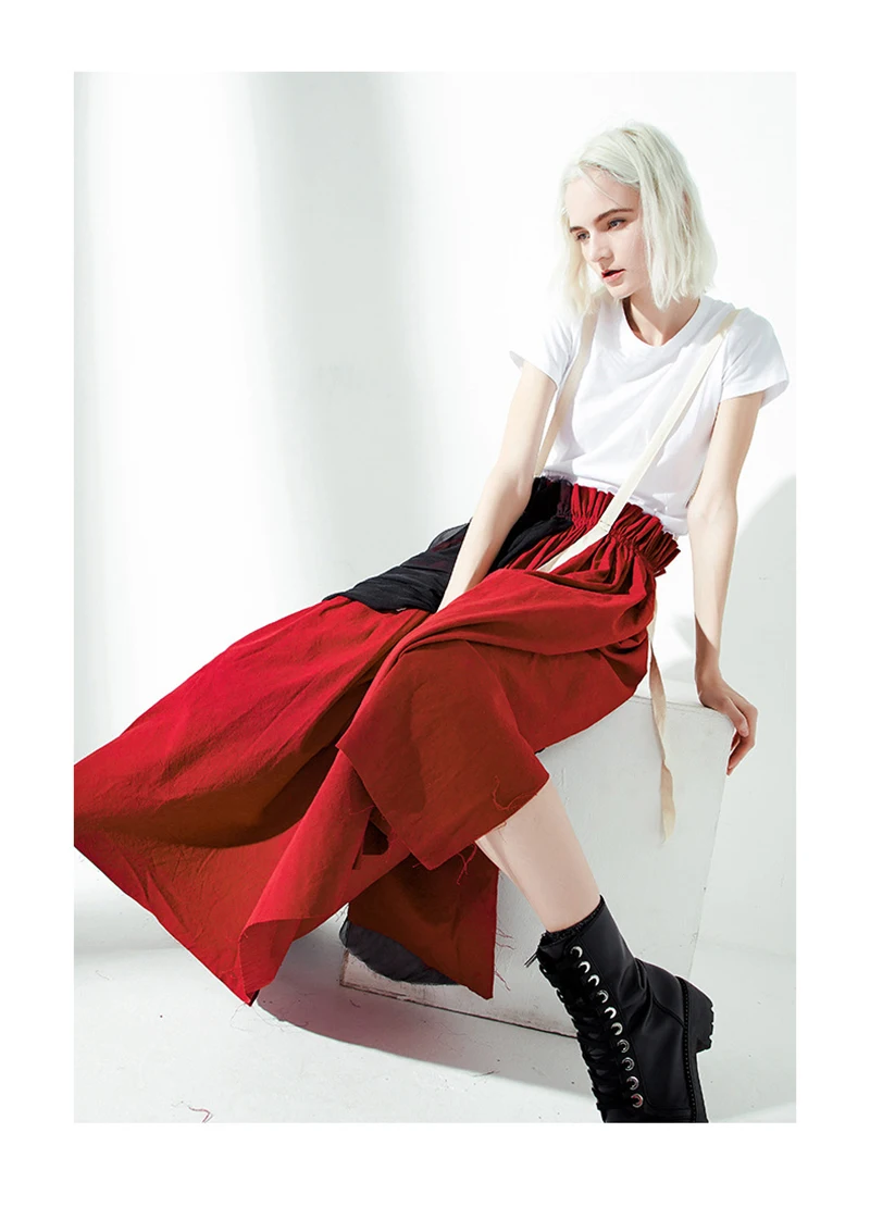 [EAM] New Spring Summer High Elastic Waist Hit Color Wine Red Mesh Stitch Strap Half-body Skirt Women Fashion Tide JU731