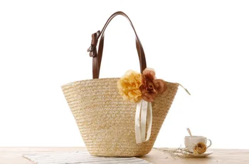 

Women Summer Flower Bow Ribbon Handle Woven Beach Straw Shoulder Handbags