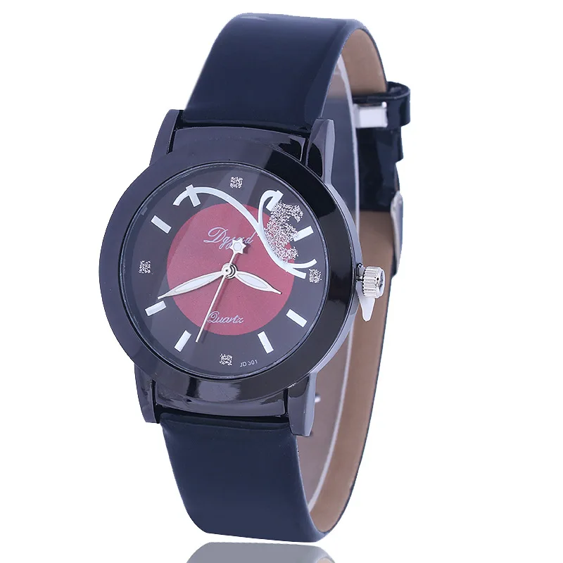 

Creative New Ladies Watches Quartz Clock PU Leather Wristwatch for Women Femail girl Black red Purple Blue