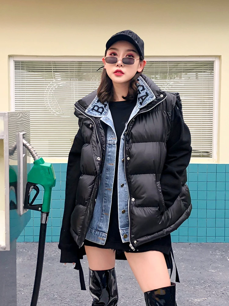 2019 New Letter Embroidery Fake Two-piece Denim Vest Female Winter Loose Warm Cotton Sleeveless Bread Dress Wild