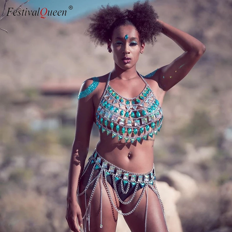 

2019 Exaggerated Crystal Sequin Handmade Women 2 Piece Sets Wild Metal Tassel Chain Crop Top and Skirt Festival Rave Outfits