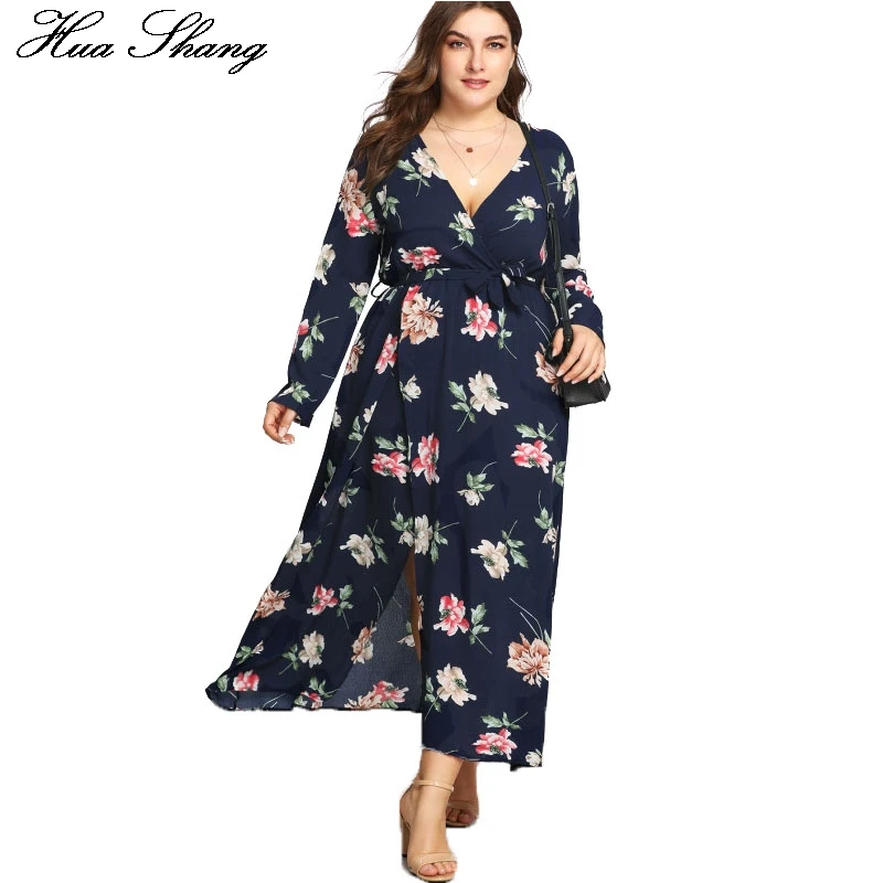 

Women Print Chiffon Boho Dress 2018 Summer Deep V-neck Long Sleeve Split Waist Belt Beach Sundress Elegant Sexy Large Long Dress