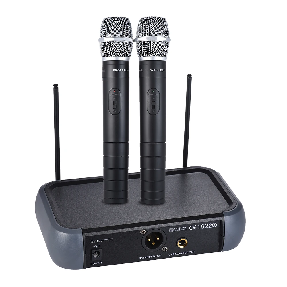 

Wireless Handheld Microphone Dual Channel VHF System with Echo Function 2 Condenser Microphones & 1 Receiver 6.35mm Audio Cable