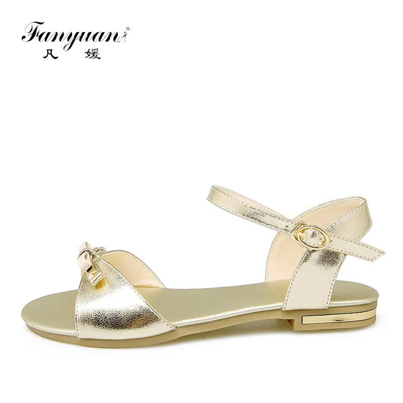 

fanyuan summer Ladies Shoes 2019 Summer Cow Leather Women's Flat Sandals Back Strap Flats Elegant Bow-Knot Ladies Footwear