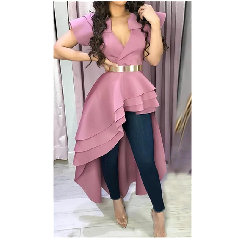 

2019 Women Irregular Short Sleeve Ruffles Blouse Solid V-Neck Sexy Long Blouse Asymmetric Hem Slim Summer Top
