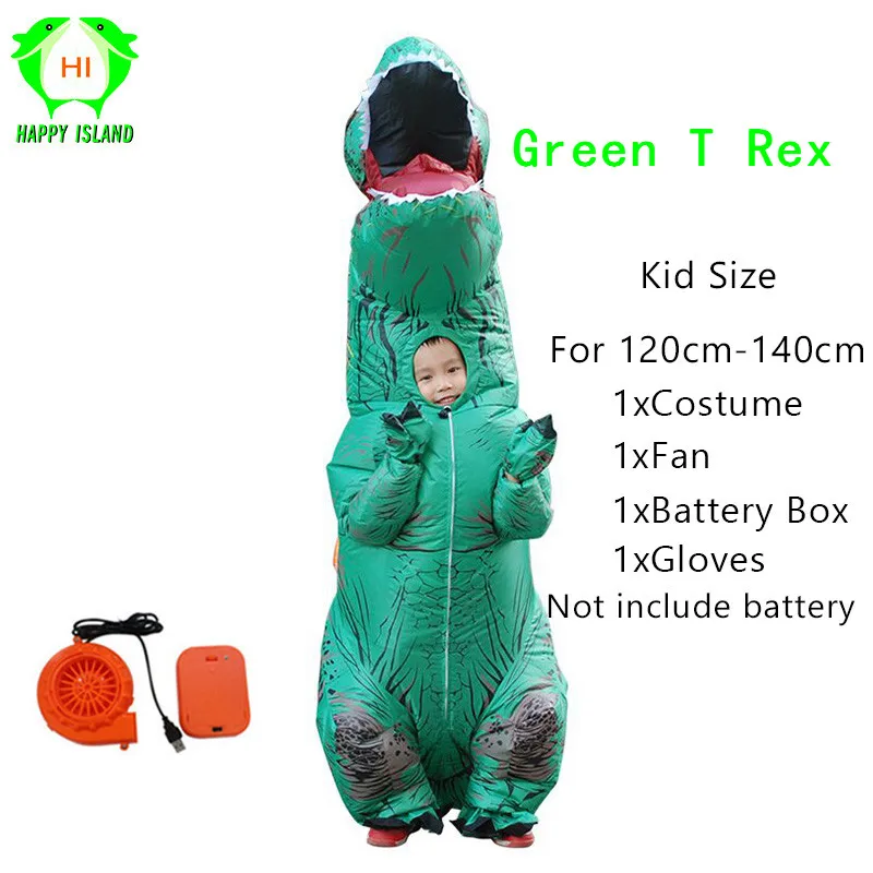 Надувные костюмы динозавров Парк Юрского периода динозавра Хэллоуин косплей, карнавальный костюм для взрослых детей - Цвет: Kids Green