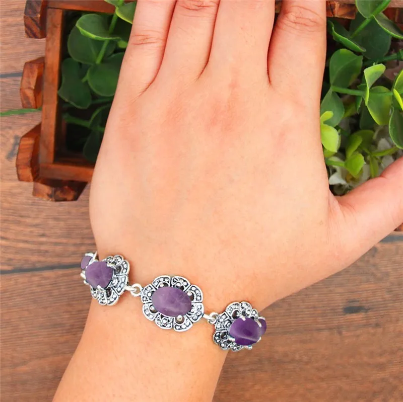 Natural Purple Stone Bracelet Plum Flower Design Vintage Look Antique Silver Plated Fashion Jewelry TB334|Браслеты с шармами| |