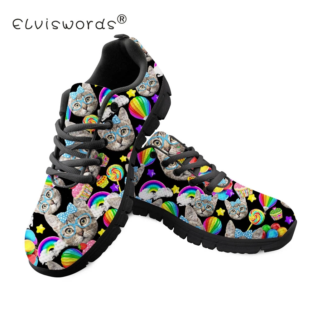 Elviswords Vintage Cat Prints Flats Rainbow Fire Balloon Animal