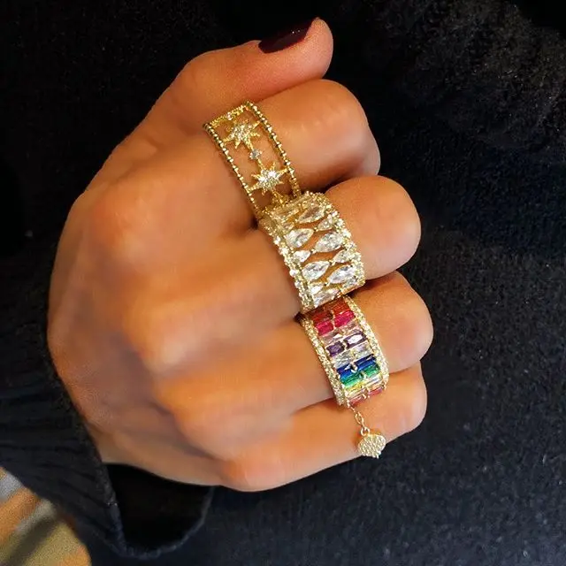 

Latest Fashion Double Rainbow Baguette Rings Cubic Zircon CZ Bohemia Gradient Colorful Shinny Rings For Women Bague Bijoux Femme
