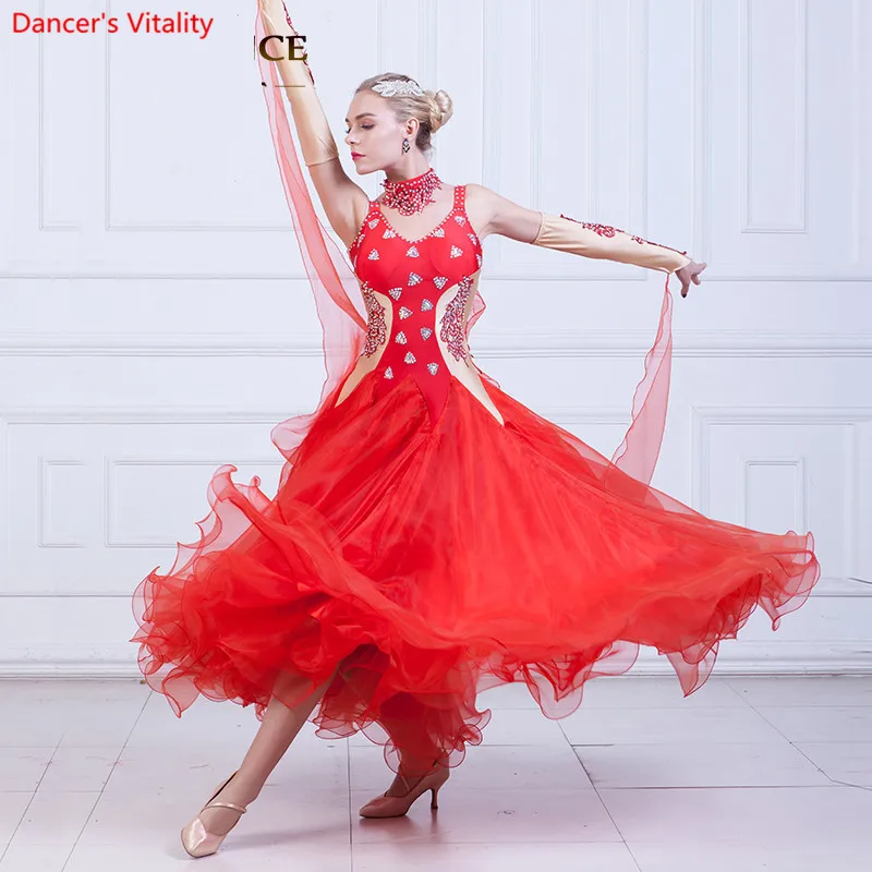 Black /White/Red Rhinestones Lounge Dress Dance Competition Standard