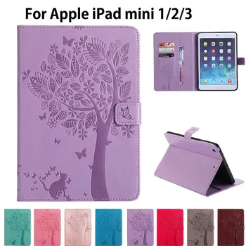 

For Funda iPad Mini 1/2/3 Case Cover Cat Tree Embossed PU Leather Wallet Stand Case with Auto Wake/Sleep Smart Cover Skin Shell