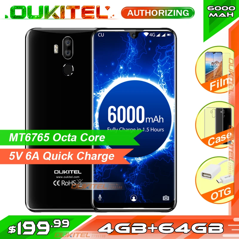 

OUKITEL K9 7.12" FHD+ Water Drop Display 6000mAh Battery 5V/6A Quick Charge Smartphone 4GB 64GB 16MP/8MP Face ID Mobile Phone
