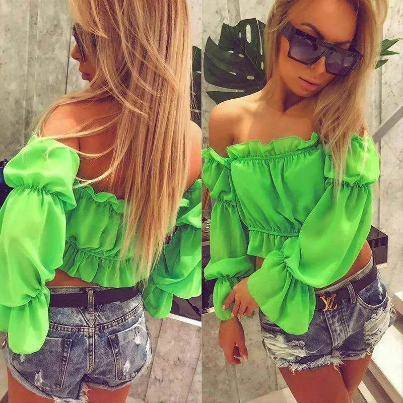 Women Chiffon Blouses Sweet Girls Summer Ruffles Off Shoulder Long Sleeve Loose Shirt Puff Sleeve Blouse Corp Tops Shirt 3Colors