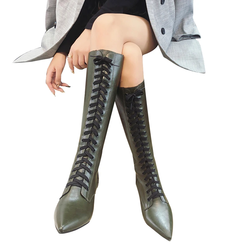

Moxxy Lace Up Point Toe Knee High Boots Woman Leather Winter Boots Women Plush Shoes Woman Long Boots Heels Botas Mujer Sexy