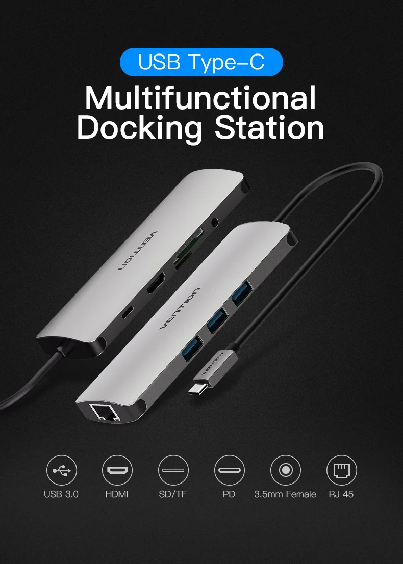 Vention USB C концентратор HDMI USB-C концентратор USB 3,0 3,5 мм аудио RJ45 адаптера Ethernet для Macbook Pro USB C концентратора