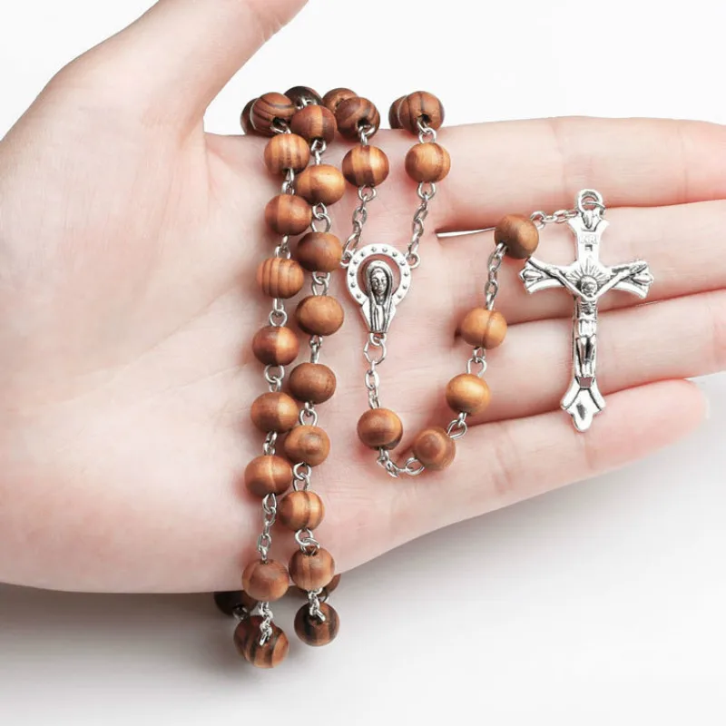 

2018 Catholic Cross Necklace religious Wooden Beads Rosary Necklace Women man Long Strand Necklaces Prayer Jesus Jewelry Gift