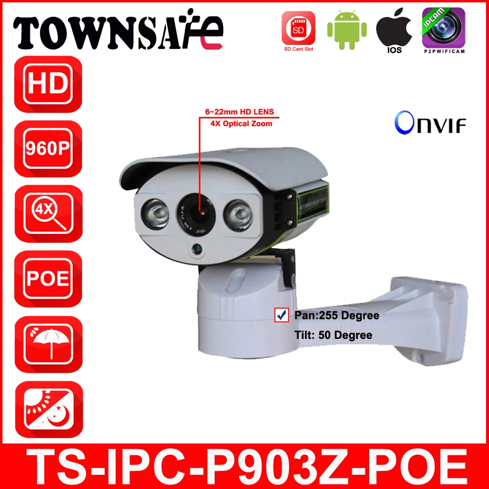 

TOWNSAFE new TS-IPC-P903Z-POE 960P HD 1.3MP 6-22mm 4X Optical Zoom Pan/Tilt IP Camera Outdoor ONVIF Support POE SD Card Slot P2P