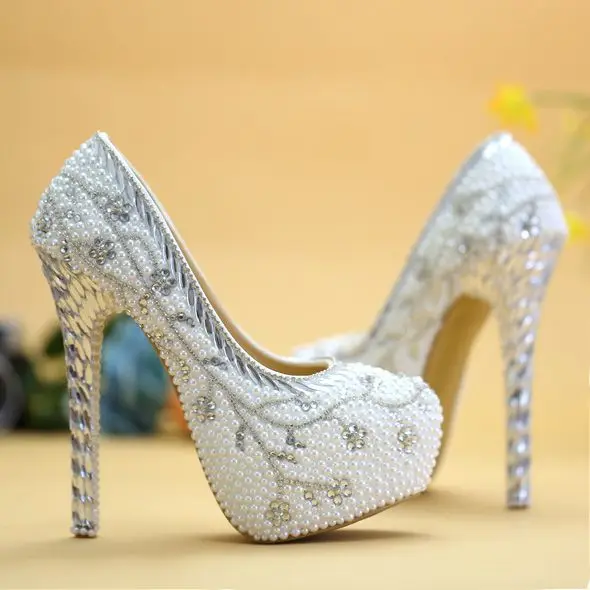 

1411/8cm high heels platforms super luxury crystal pearls wedding pumps shoes bride NQ089 round toes slip on silver leaves pump