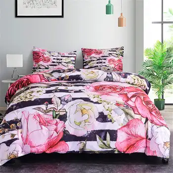 

ZEIMON Rose Stripe Printed Bedding Set Fashion Luxury Home Textile Duvet Cover Soft Comfortable 2/3pcs King Queen Full Twin Size