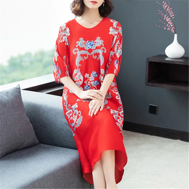 

Azterumi Chinese Style Retro Floral Print Dresses O Neck Mid-Calf Loose Long Dress Fashion Pleats Vestidos Feminina Dress