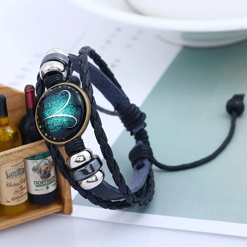 

Twelve constellations hand-woven leather bracelet retro fashion popular beaded men's bracelet alloy adjustable hand strap