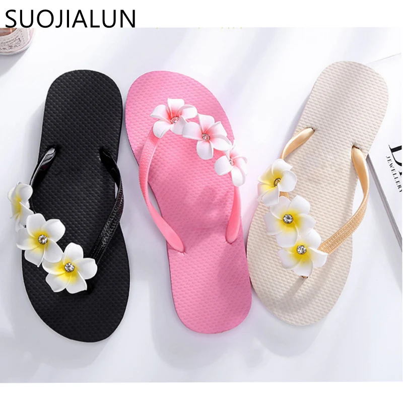 SUOJIALUN/женские шлепанцы; летние пляжные сандалии; модные пляжные шлепанцы с цветочным рисунком; нескользящие шлепанцы; Вьетнамки; женская обувь