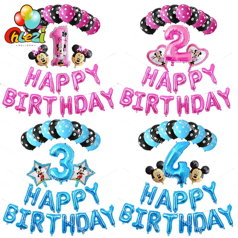 

26pcs Minnie Mickey Pink Blue birthday foil balloon Boy Girl 1 2 3 4 5 6 7 8 9 years old party decor supplies hang Letter globos