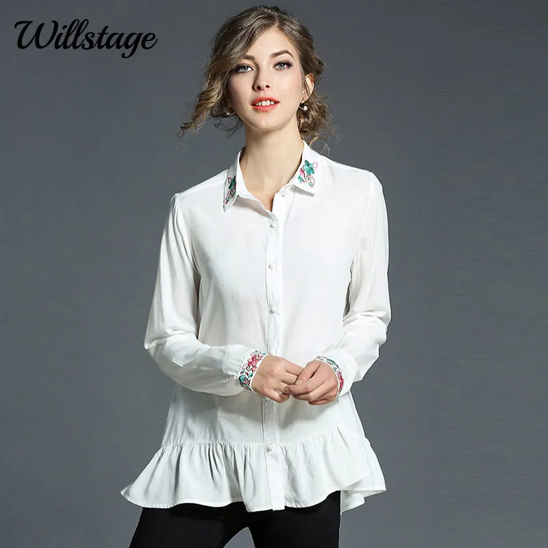 Willstage 2018 Chiffon Blouse Ruffles White Long Sleeve Spring Autumn