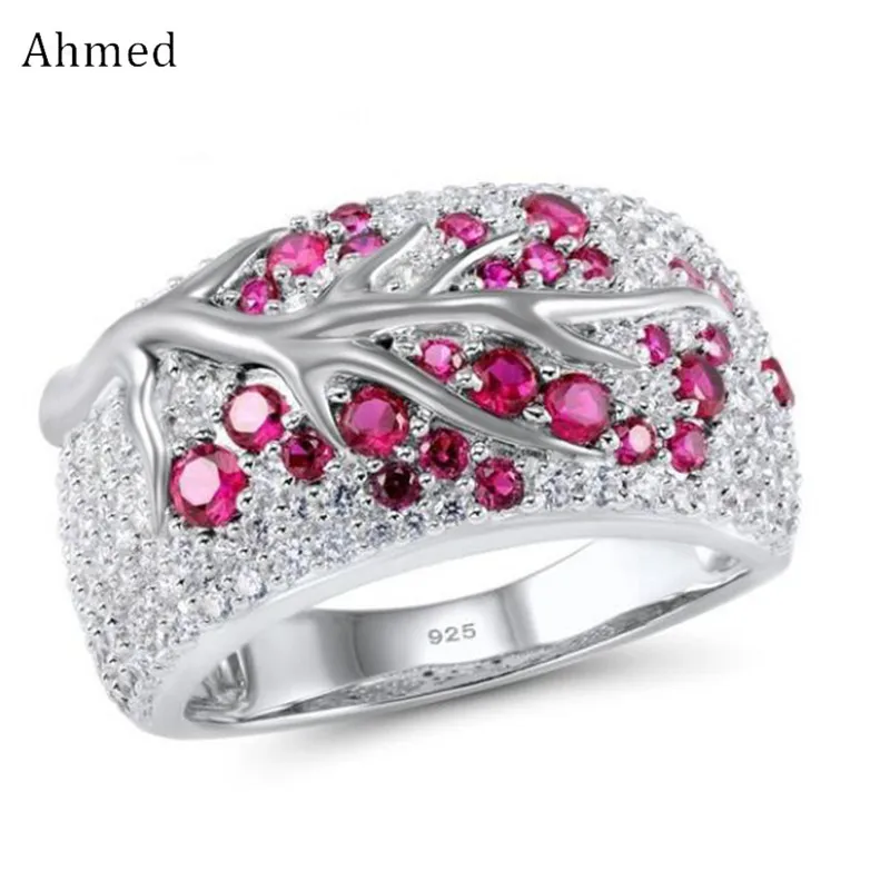 

Ahmed Romantic Silver Filled Rings for Women Created Hiny Pink Tree CZ Ladies Ring Gifts Party Fashion Jewelry Dropshipping