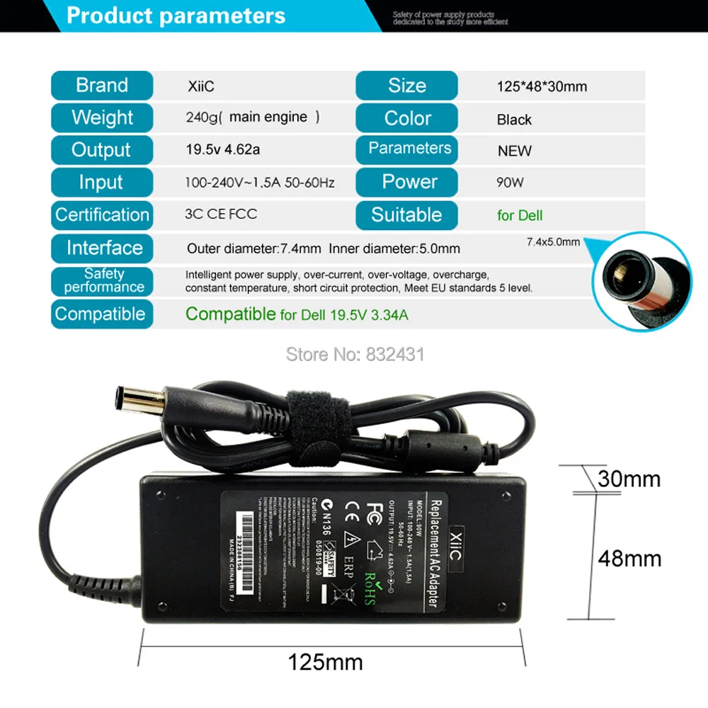 XiiC 19,5 v 4.62a адаптер переменного тока для ноутбука Dell Latitude N5110 N5010 E6420 N7010 совместимый с 19,5 V 3.34A зарядное устройство 7,4*5,0 мм 90w