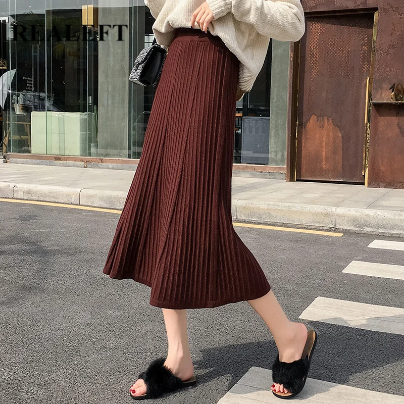 REALEFT Новое поступление осенне-зимние женские длинные плиссированные юбки цвета хаки с высокой талией трикотажные трапециевидные юбки до середины икры женские