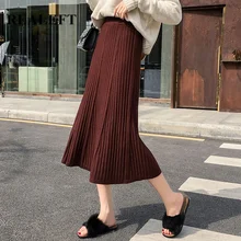 REALEFT Новое поступление осенне-зимние женские длинные плиссированные юбки цвета хаки с высокой талией трикотажные трапециевидные юбки до середины икры женские
