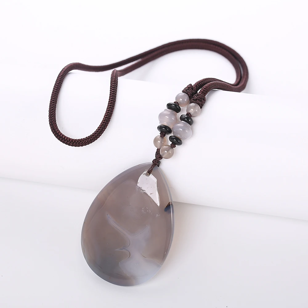 

Natural Stone 3A Gray Agate Trendy Women Luxury pendant necklace sweater long chain Ornaments Power Water Drop Rope Water Drop