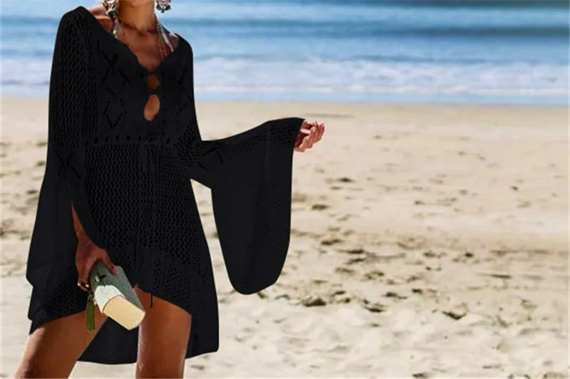 Women's Sexy Black Crochet Tunic Cover-Ups