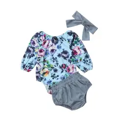 Новорожденных Комплект одежды для девочек 3 шт. повязка цветочный топ-боди с длинным рукавом Шорты с кружевом хлопковые трусы симпатичная