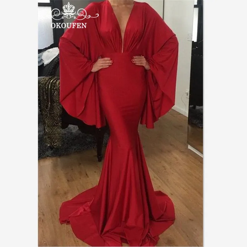 

Arabic Dubai Women Red Mermaid Evening Dress With Long Batwing Sleeves 2019 Deep V Neck Elegant Prom Dresses Pageant Gown
