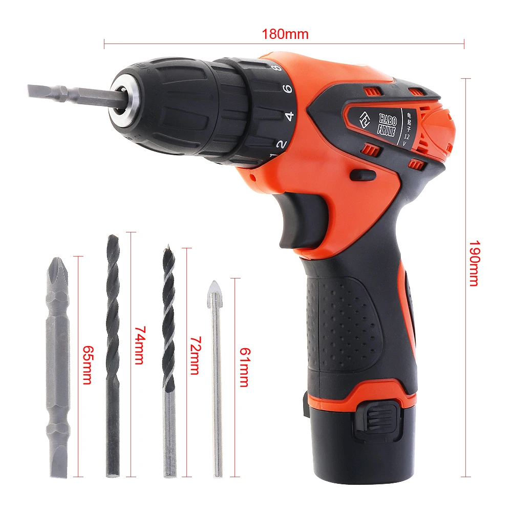 AC100-240V Handling Screws/Punching Cordless 12V Electric Screwdriver with 2 Lithium Batteries and Rotation Adjustment Switch