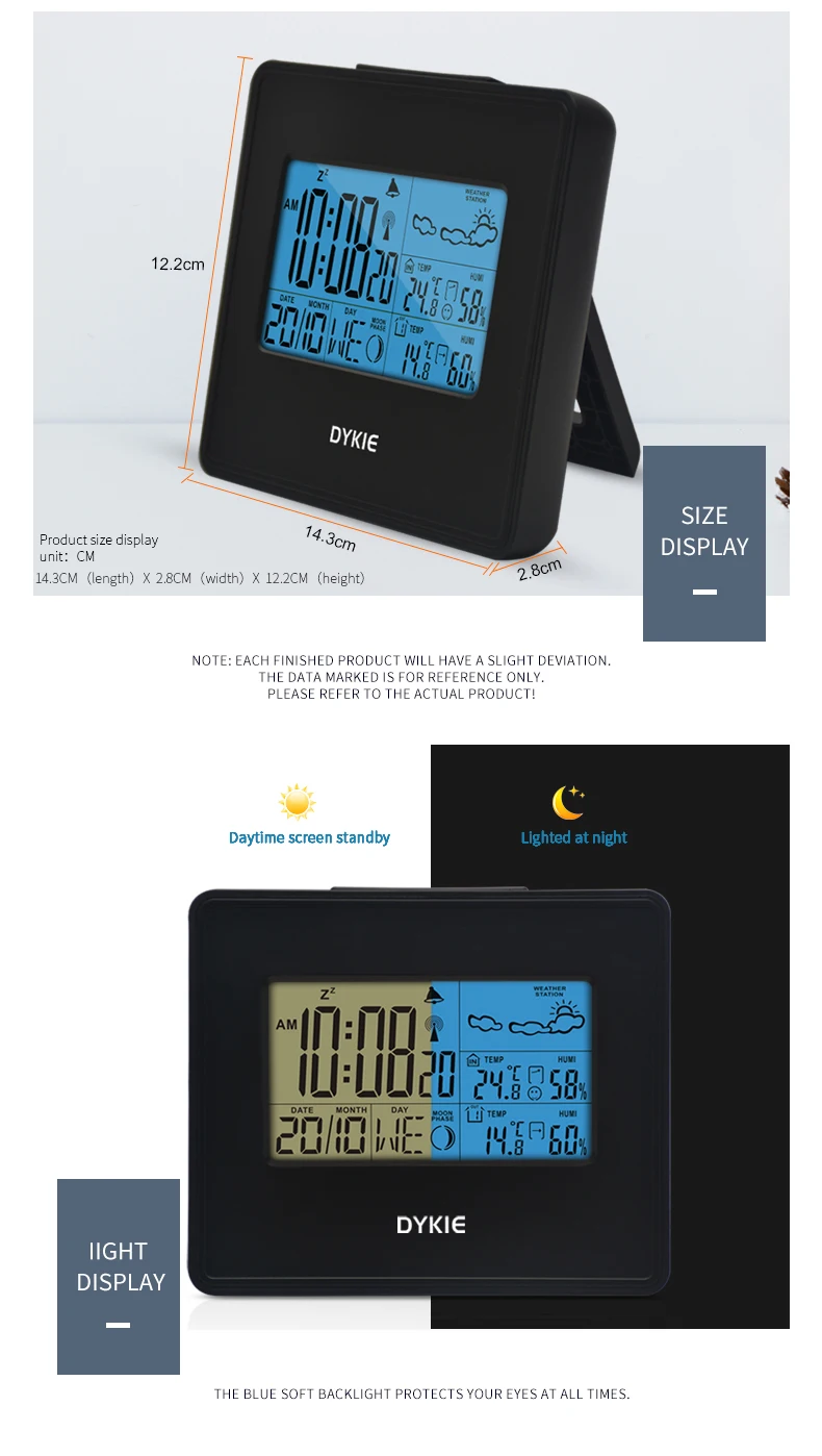 DYKIE RF RCC Беспроводная метеостанция цифровой Погодный протектор мультфифункциональные часы влажность подсветка 2 передатчика