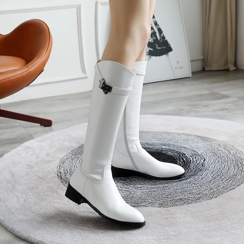 

KEBEIORITY Fashion Autumn Winter Boots Women Side Zipper Knee High Boots Female Leather Black White Ladies Boots Heel Plus Size
