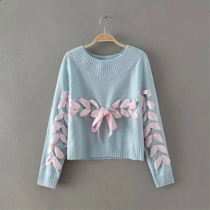 

Woman Korean Version 2019 Spring And Autumn New Sweet Bow Ribbon Lace Knitted Sleeve Collar Sweater