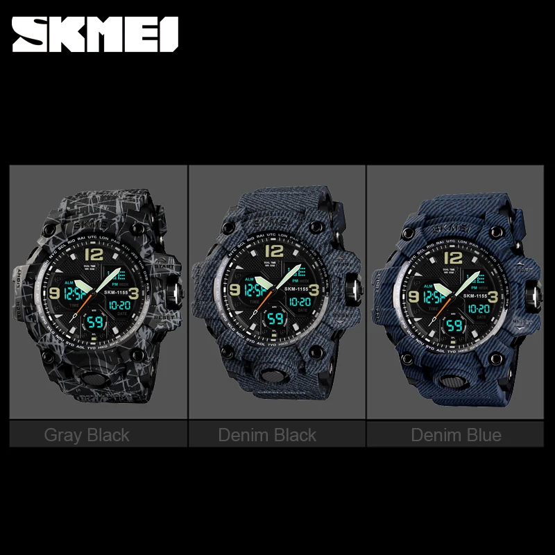 SKMEI Denim Dual Display Digital Watches Men Waterproof Outdoor Sports Watch Multi-function Military Wristwatches Relogios 1155B