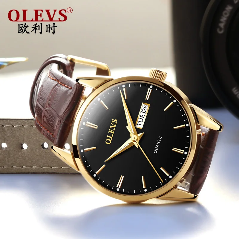 

OLEVS top brand luxury High Quality Rose Gold Dial Men Watch Date Day Genuine Leather Strap Fashion Women Watch