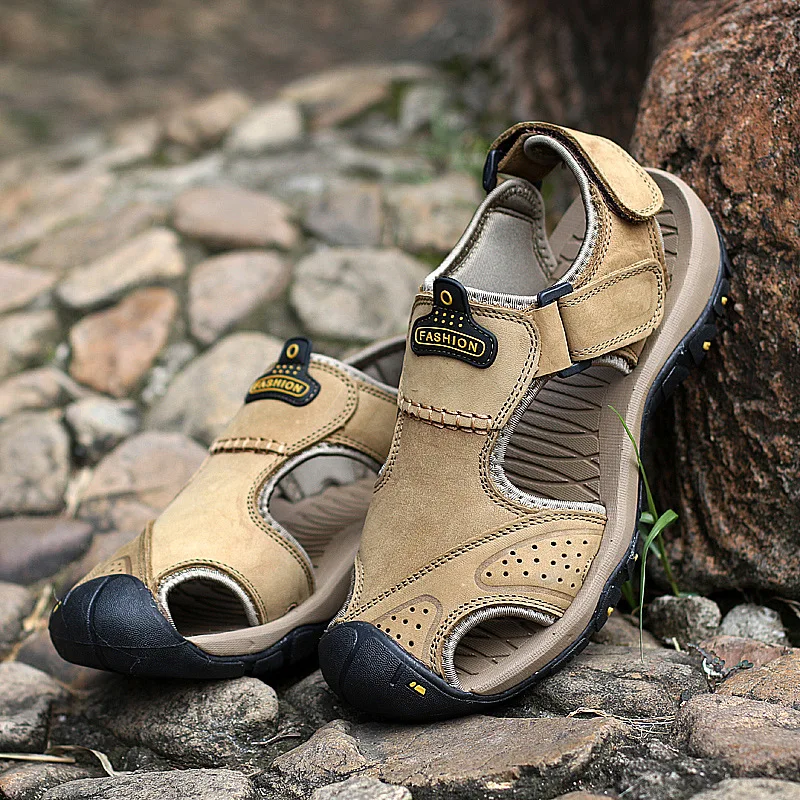 

Dropshiping Men Casual Sandals Genuine Leather Summer Shoes Portective Toe Cap Drop Shipper Cool Fashion Men's Beach Shoes