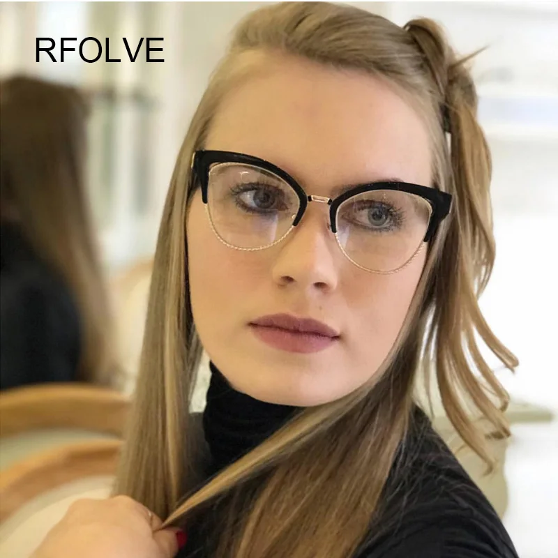 

RFOLVE Ladies Half Frame Cat Eye Glasses Retro Women Brand High Quality Clear Lens Eyewear Black Green Red Glasses Frame R8789