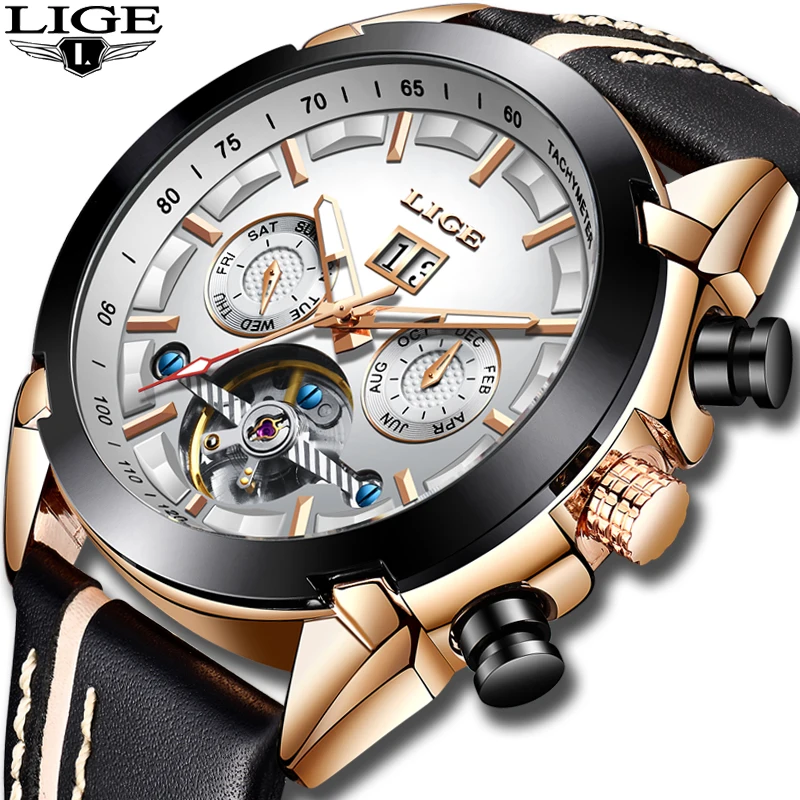 

2019 New Mechanical Man Watch LIGE Luxury Automatic Mechanical Watch Male Leather Waterproof Sport Watch Men Business Wristwatch