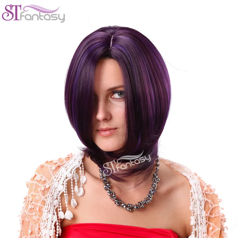 

Free Shipping High Quality 16" Fashion Straight  Medium-long Purple Mixed color Cheap Bob Wig for Women With Cap